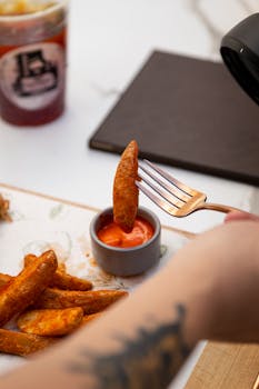 Close-up of spicy potato wedges with dipping sauce in a Mexican cafe setting.
