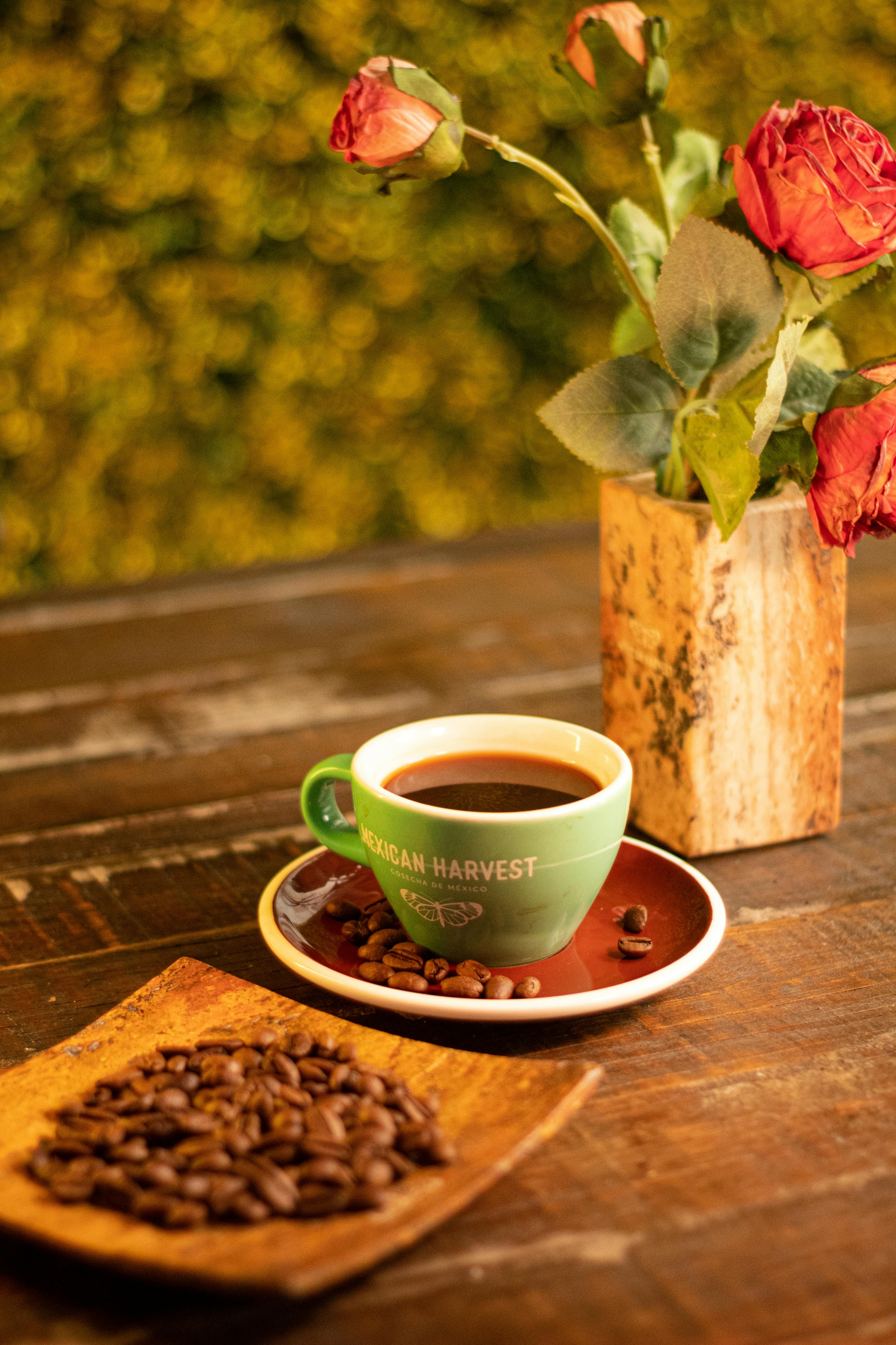 Mexican coffee cup with roasted beans and rustic decor in Puebla, Mexico.