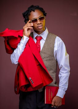 Fashionable young adult with a red jacket, sunglasses, and book poses stylishly indoors.