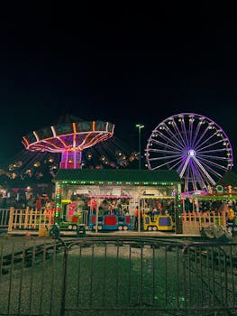 Vibrant nighttime carnival in Tamps, Mexico featuring rides like Ferris wheel and swings.