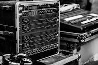 Professional Audio Equipment Setup in Black and White
