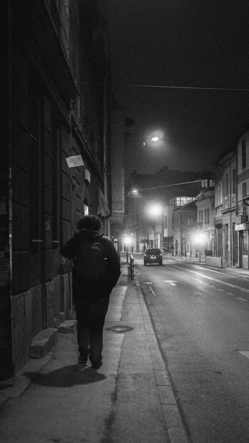 Black and white urban night walk