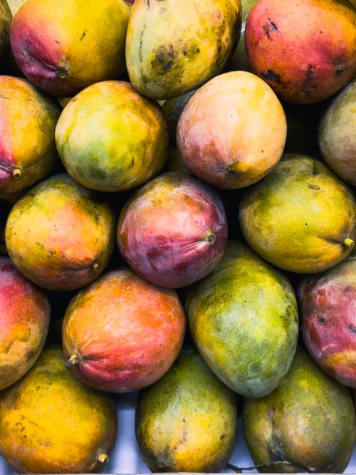 Free Colorful ripe mangoes stacked in a vibrant and fresh market display. Stock Photo