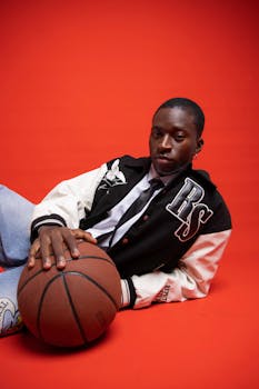 Trendy teenager holding a basketball against a vibrant red backdrop.