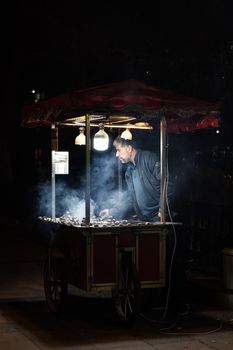 Street vendor cooking chestnuts at night under glowing lights.