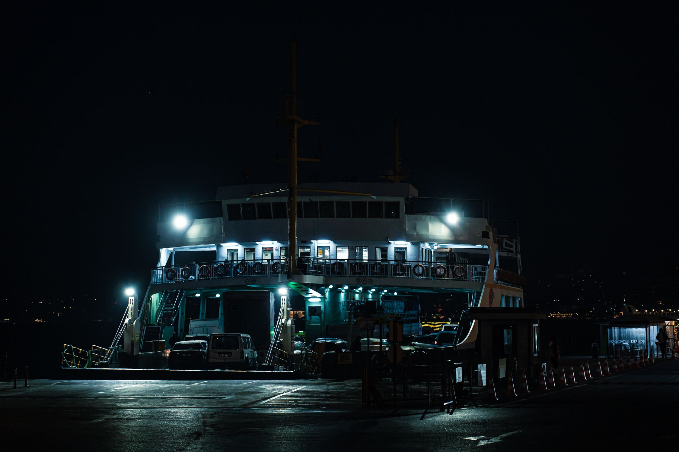 Two Rows Ferry Lights Nighttime Ferry Dock Scene with Illuminated Lights · Free Stock Photo