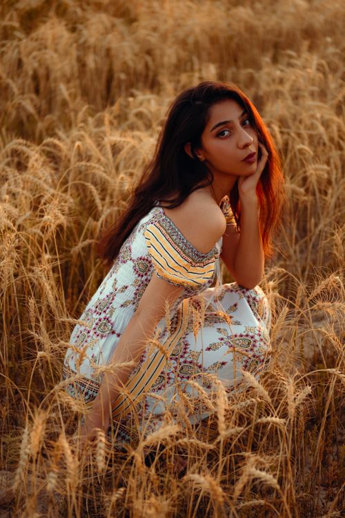 Free A young woman in a floral dress poses in a golden wheat field during sunset, capturing natural beauty. Stock Photo