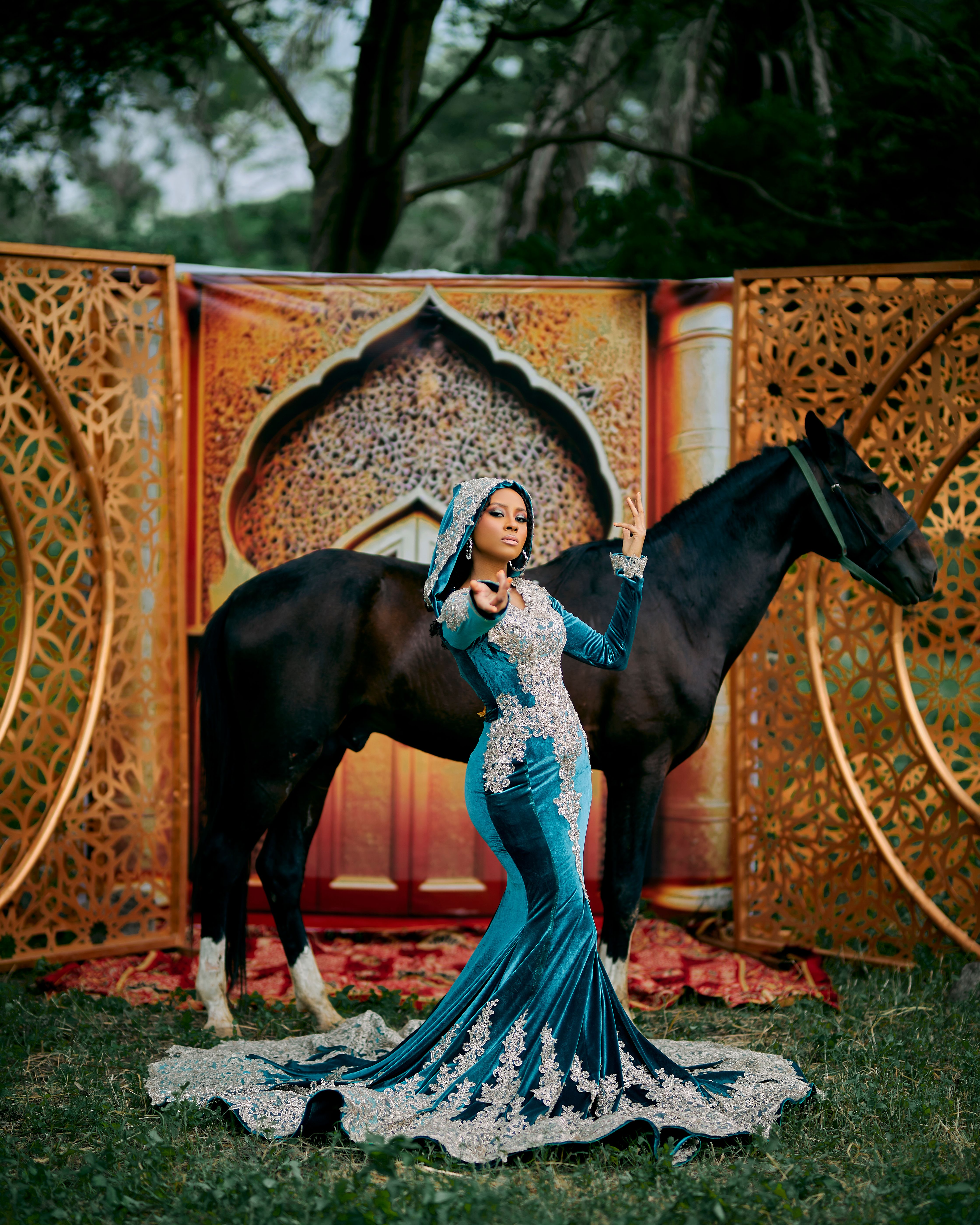 Elegant Woman in Traditional Dress with Horse · Free Stock Photo — free download