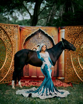 A woman in an ornate blue gown poses with a horse against a decorated backdrop outdoors.