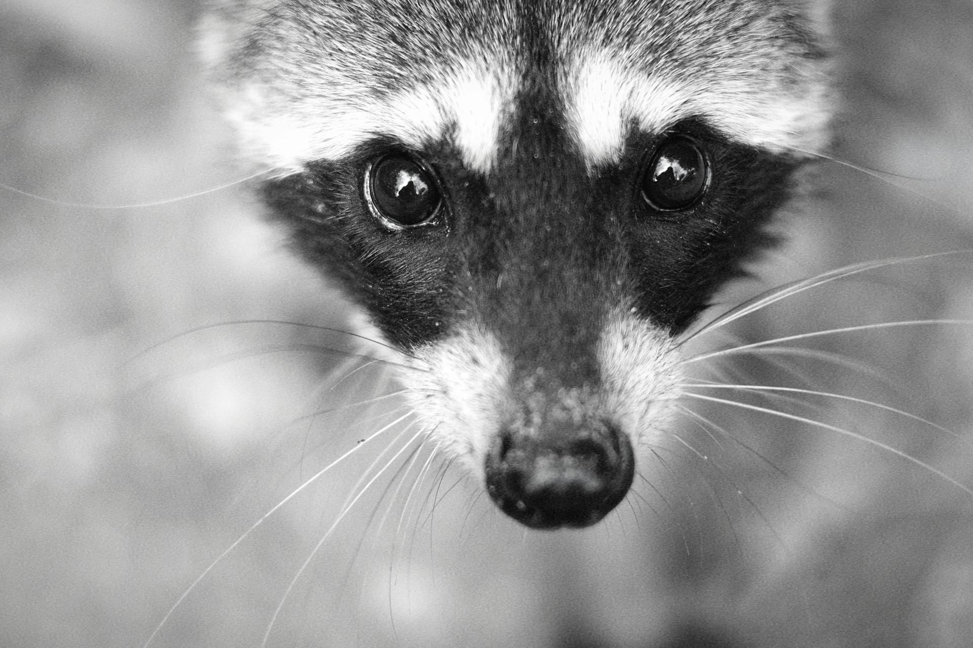 Black and white close-up portrait of a raccoon with expressive eyes and whiskers.