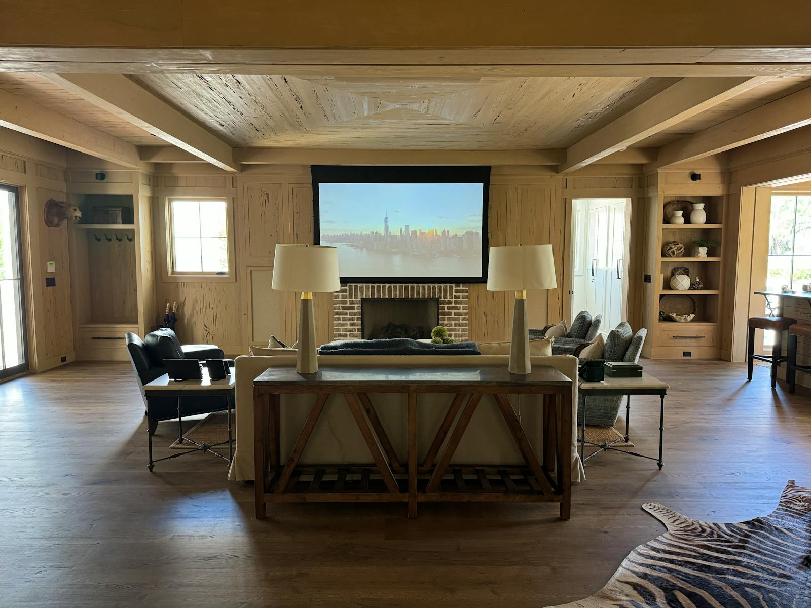 Home entertainment setup with projector and surround speakers