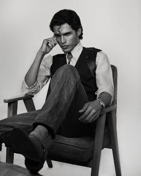 Black and white portrait of a man in deep thought sitting on a chair.
