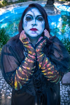 An artistic cosplay portrait with dramatic makeup captured in an outdoor park setting.