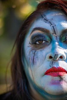 Close-up of artistic cosplay makeup with vibrant colors and detailed face painting.