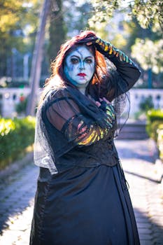 Artistic cosplay with colorful makeup outdoors in Mexico City's vibrant park setting.