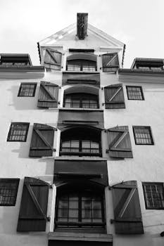 Black and white photo of a Danish building facade in Copenhagen.
