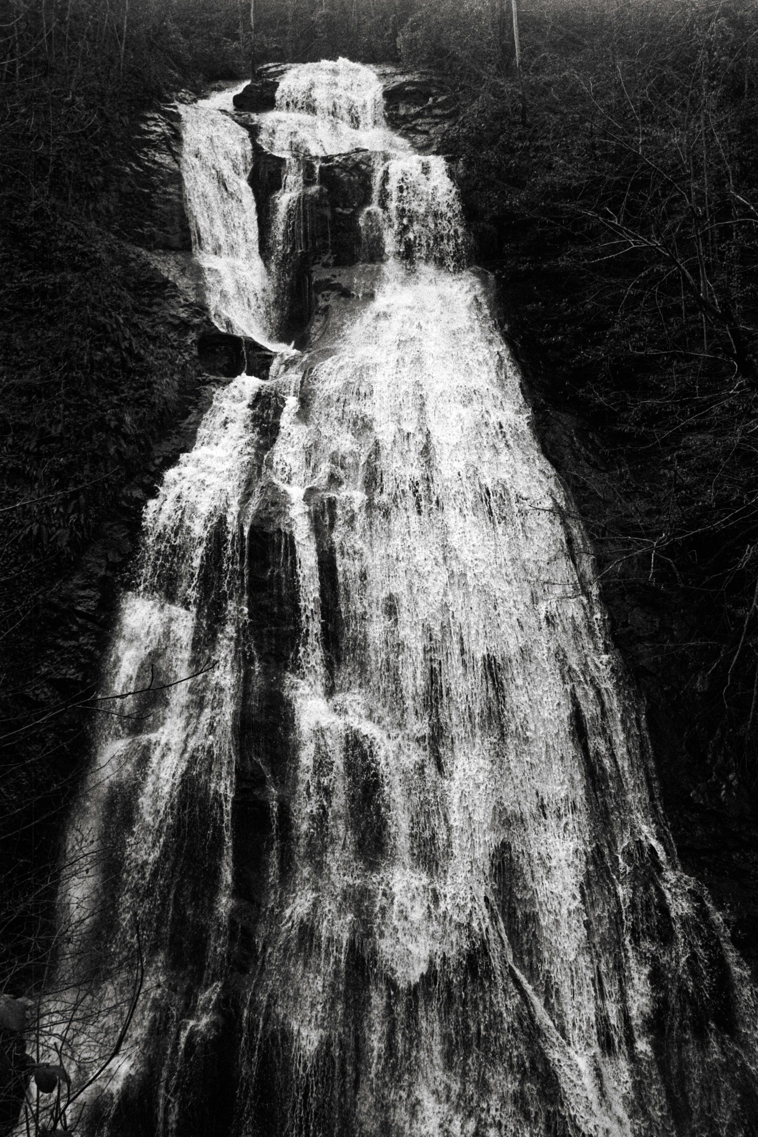 Monochrome waterfall cascading through lush forest in Düzce, Turkey.