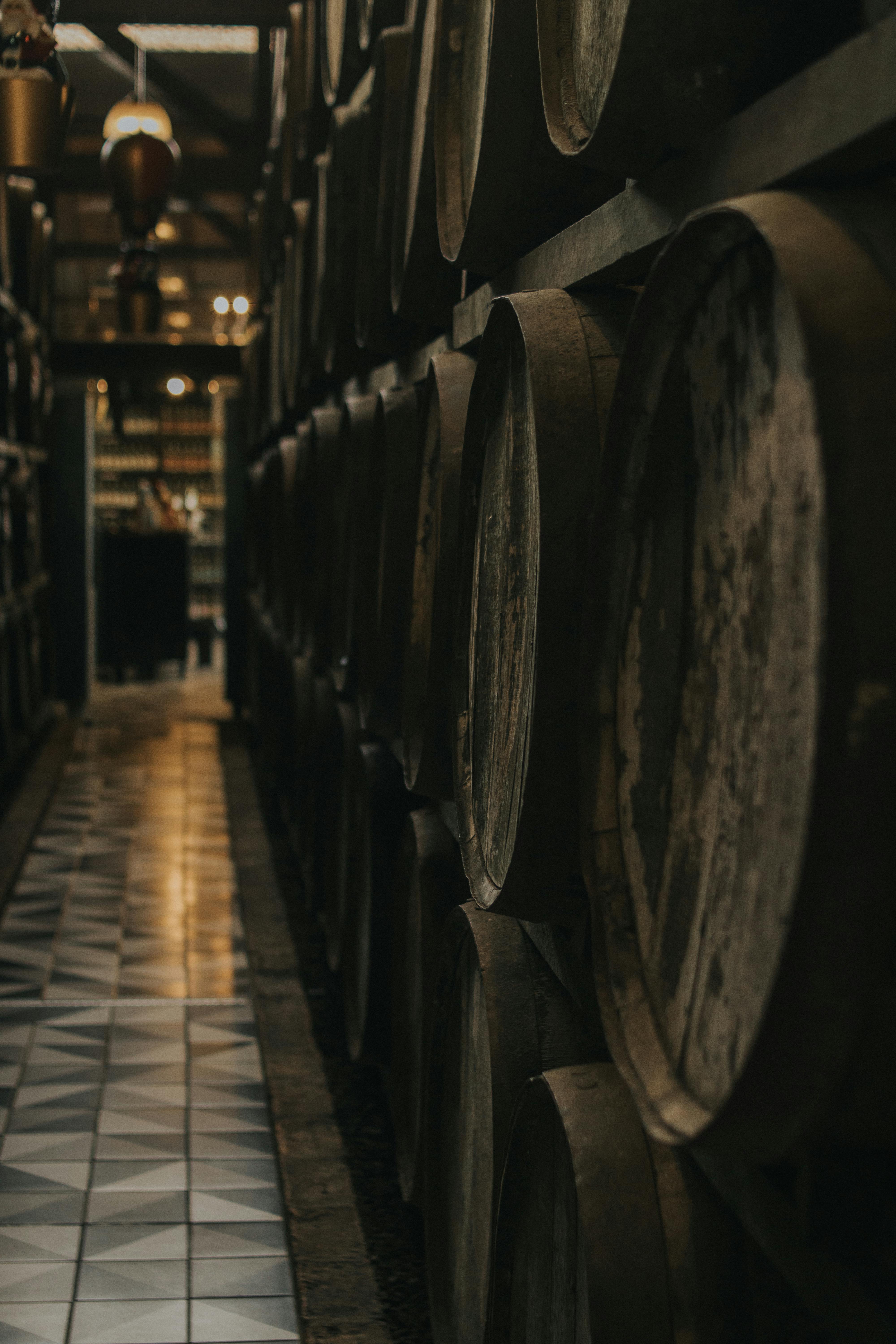 A mysterious, cozy wine cellar with rows of aging oak barrels and tiled flooring.