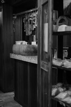 Black and white photo of cheese wheels and hanging cured meats in a rustic indoor setting.