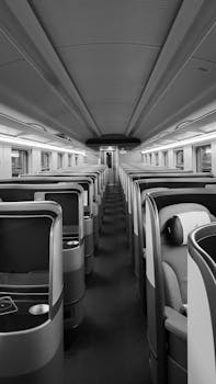 Elegant empty business class train interior highlighting modern comfort and design.