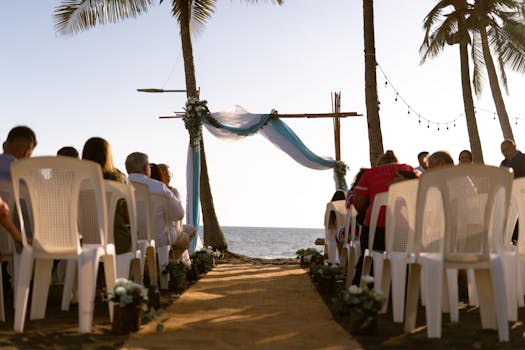 Beautiful outdoor wedding setup on a sunny beach with chairs, canopy, and palm trees.