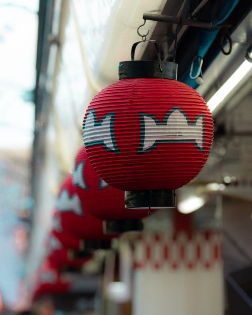 Free Row of red paper lanterns with fish design in an Asian market setting. Stock Photo