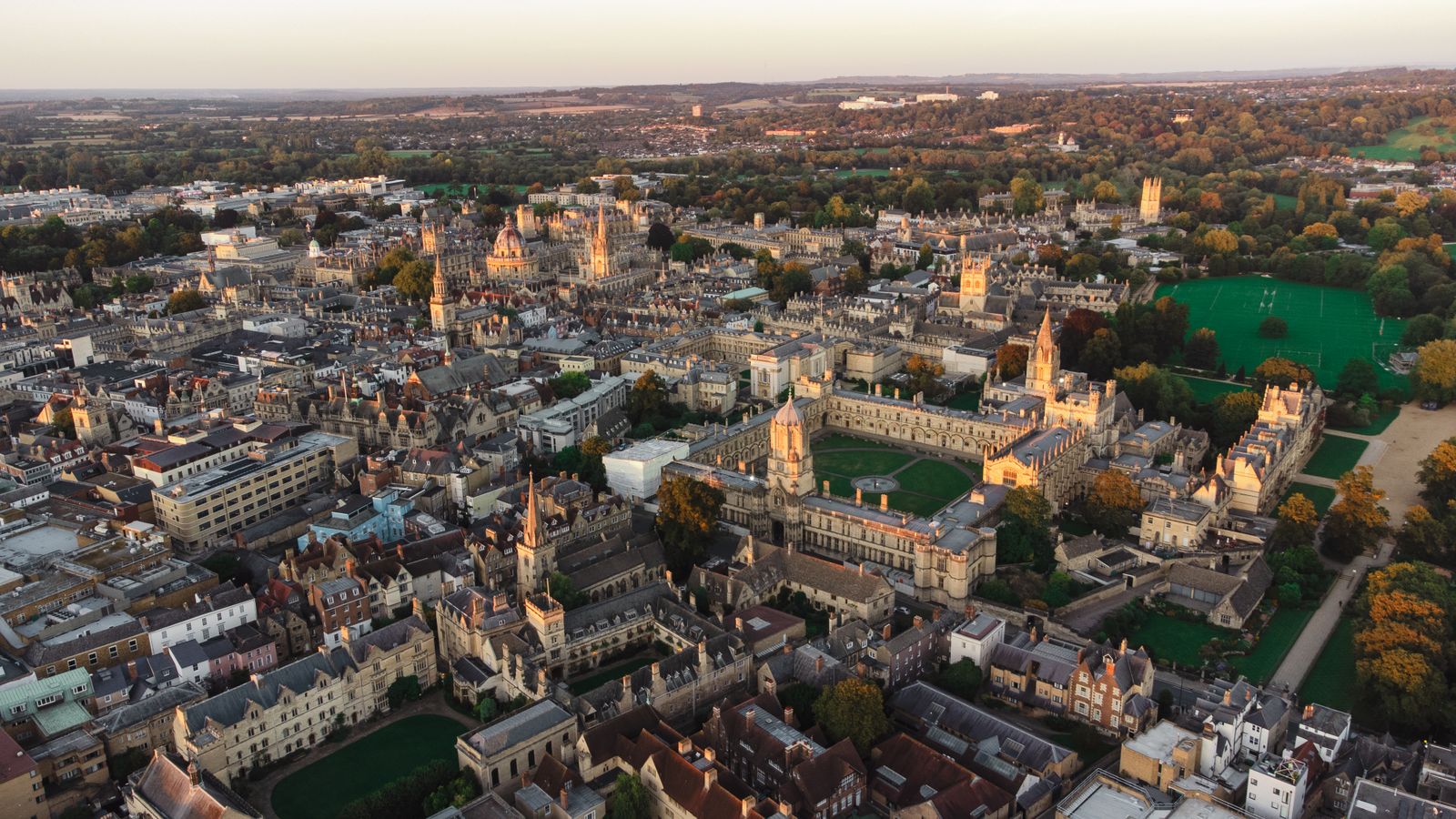 English countryside college buildings golden hour