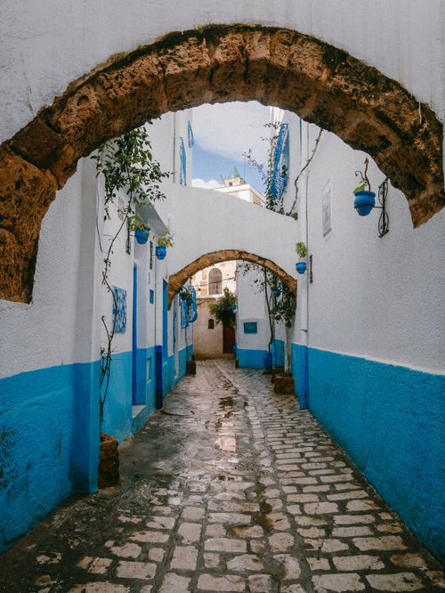 Free Picturesque alleyway with blue and white decor in Sidi Bou Said, Tunisia, showcasing Mediterranean architecture. Stock Photo
