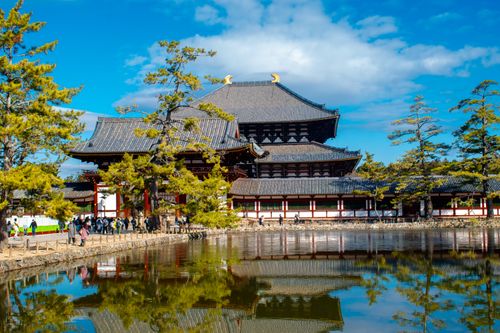 Free Scenic view of Todaiji Temple reflected in a tranquil pond, Nara, Japan. Stock Photo