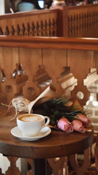 A cup of coffee with a rose bouquet on a rustic table inside a warm cafe setting.