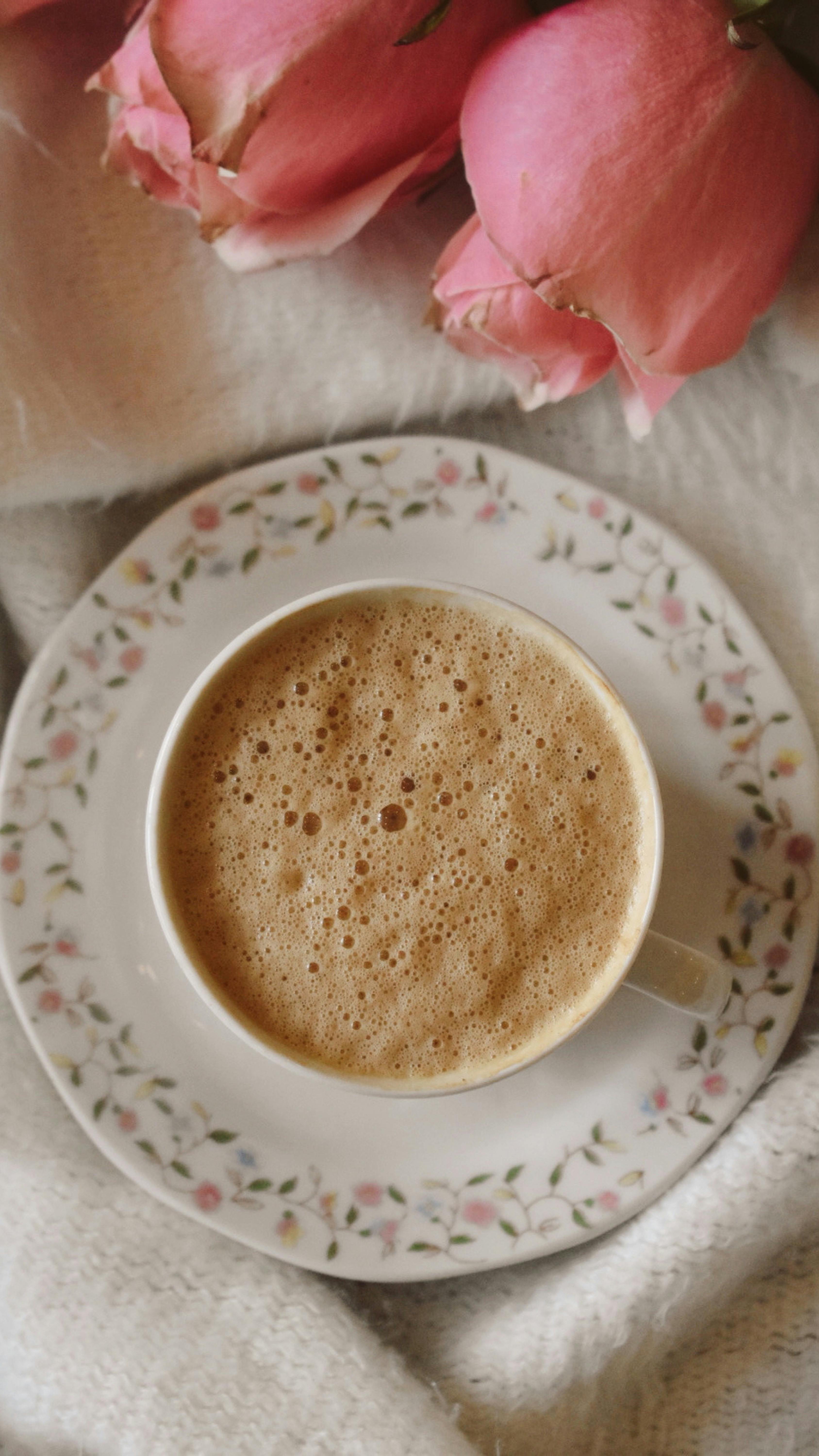 elegant coffee with pink roses