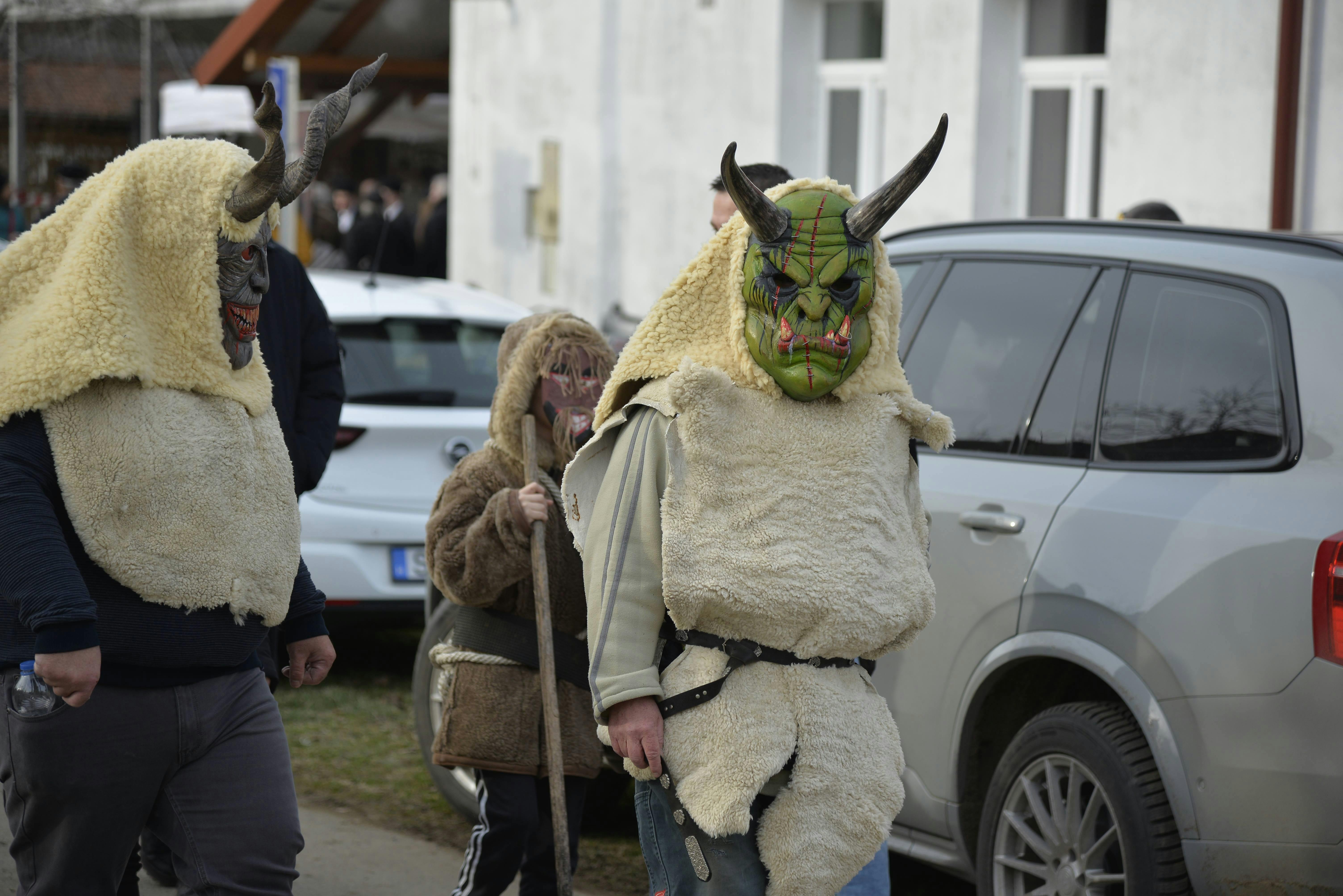 grátis Participantes usando máscaras e trajes tradicionais em um festival em Panyola, Hungria. Foto profissional