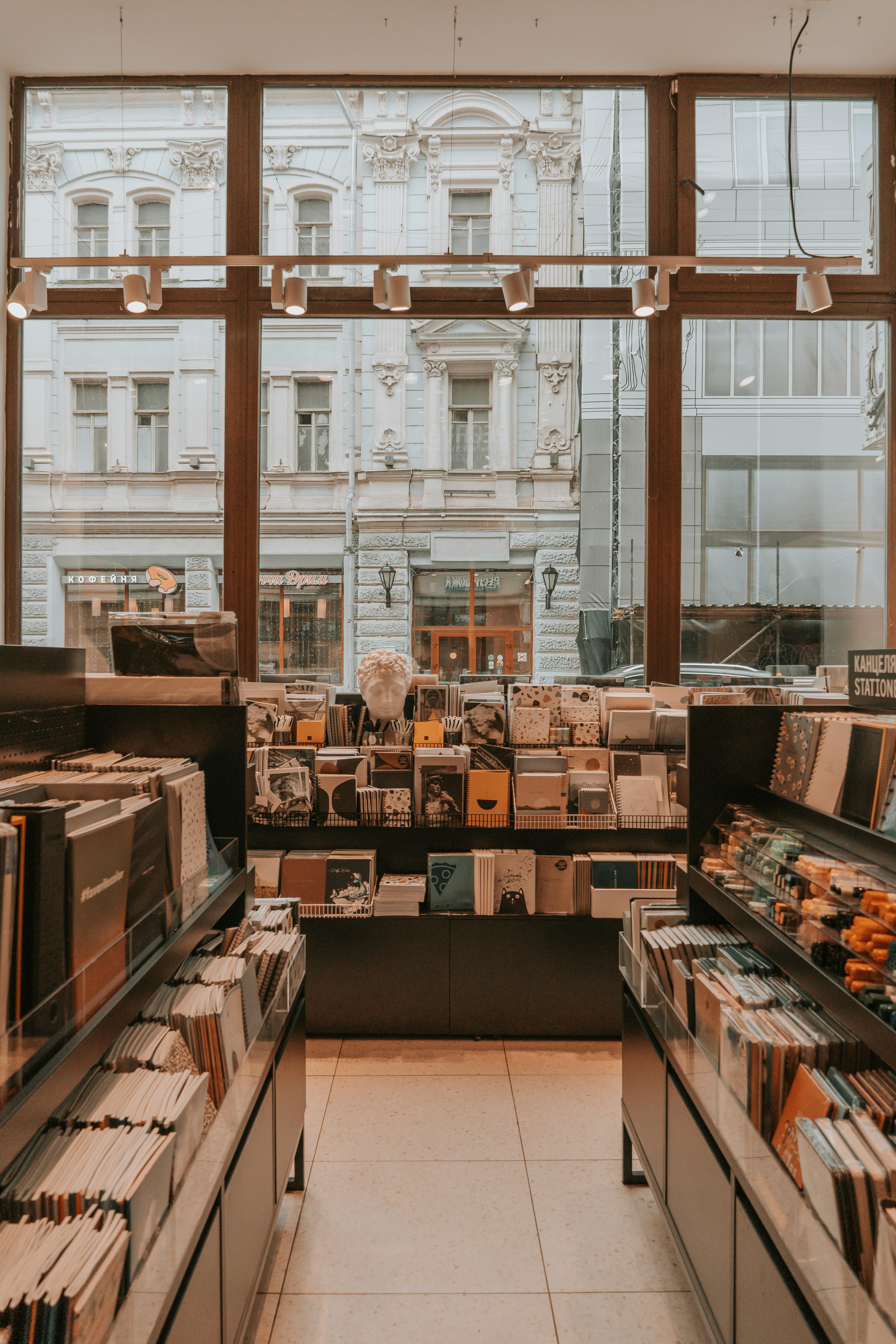 cozy bookstore interior with city view