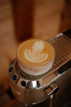 Close-up of a cappuccino with elegant latte art on a modern espresso machine.