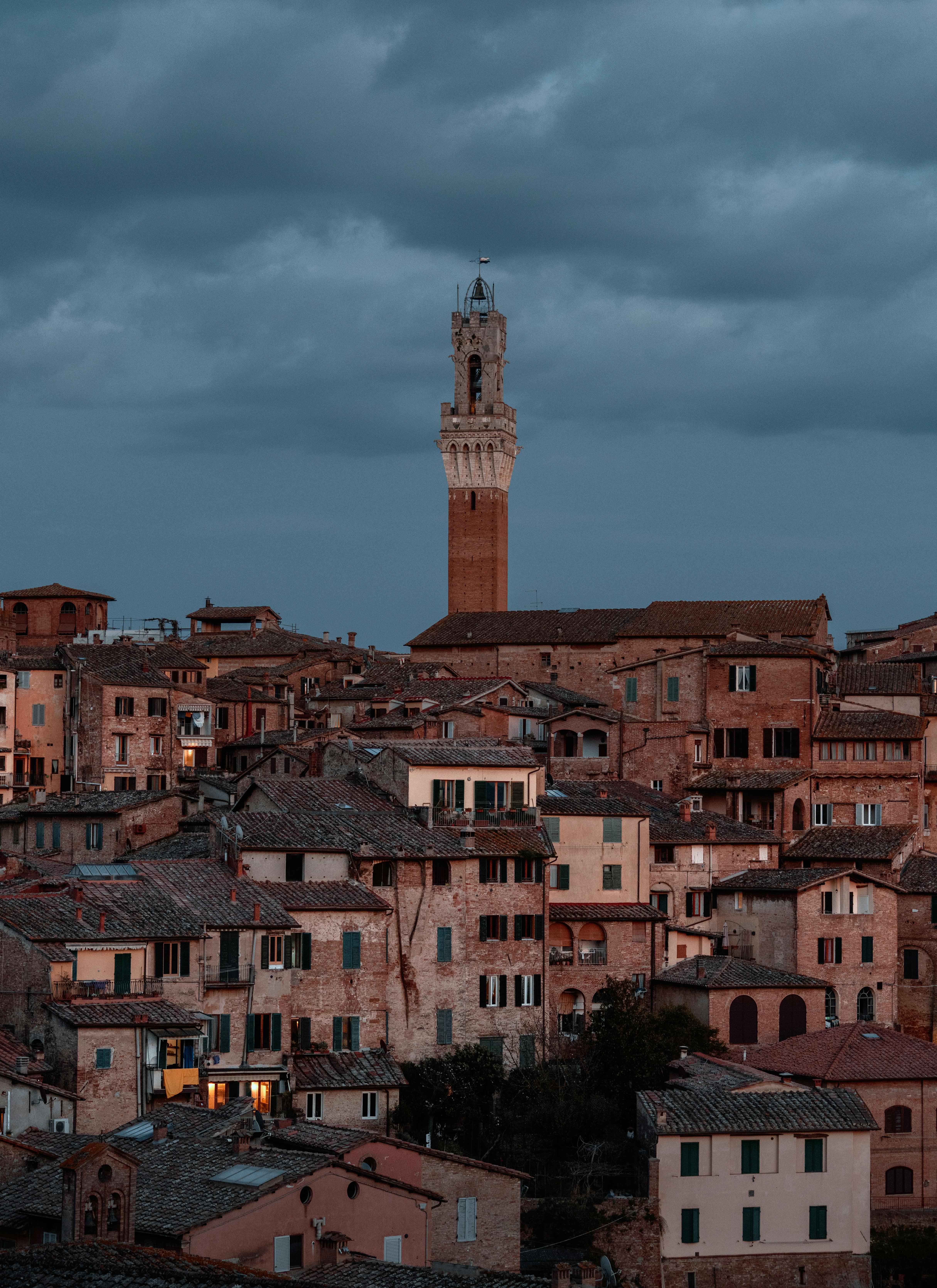 Stunning view of Siena, Italy with Torre del Mangia under cloudy skies.
