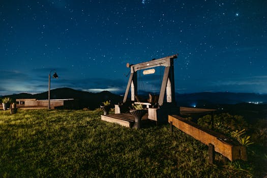 Outdoor night scene with stars and rustic seating in Santa Teresa, Brazil.