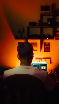 A man seated at a desk, working on a computer in a dimly lit room with warm lighting.