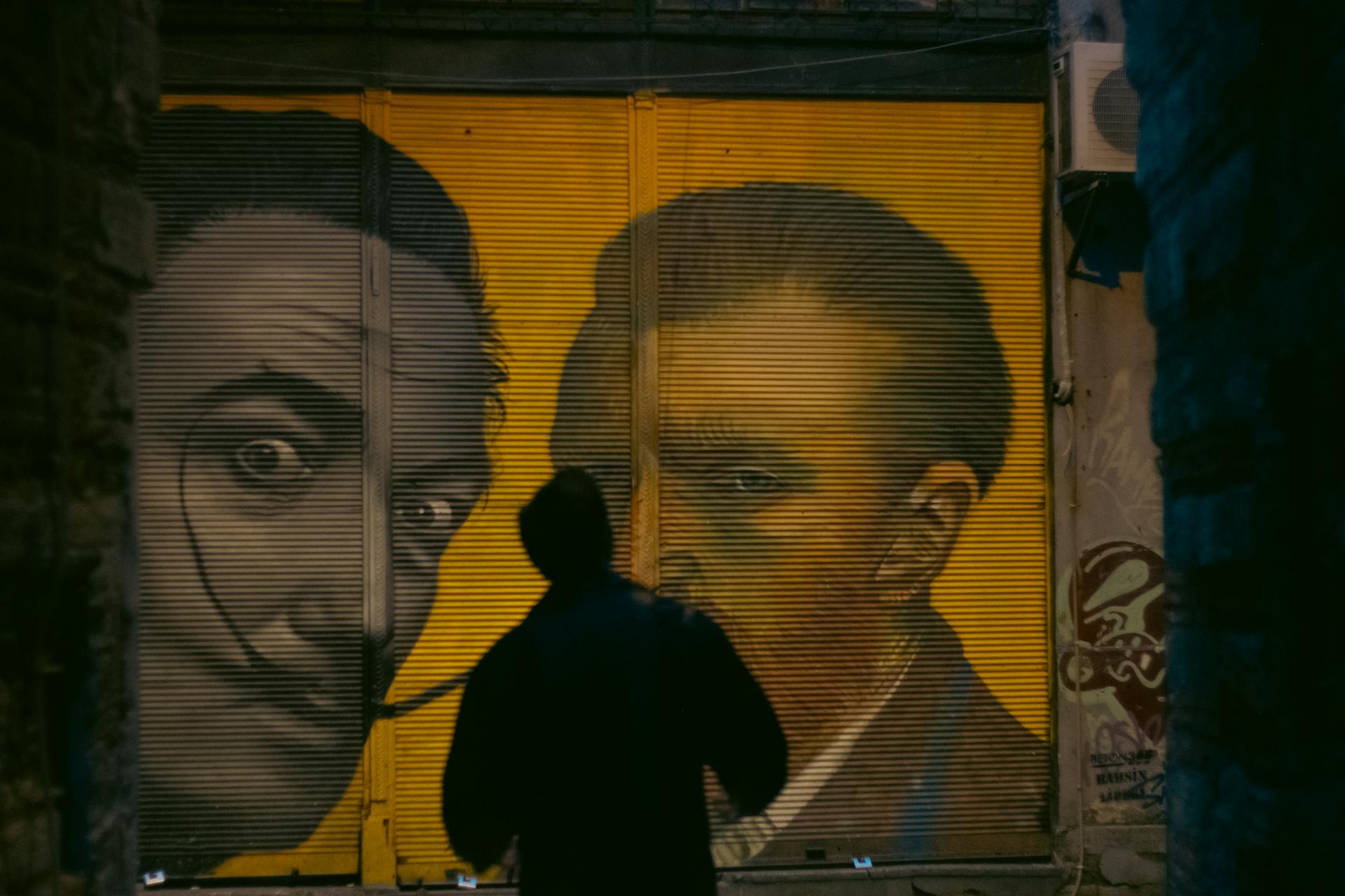 Silhouette of person admiring vibrant street art of Dali and Van Gogh in an alley.