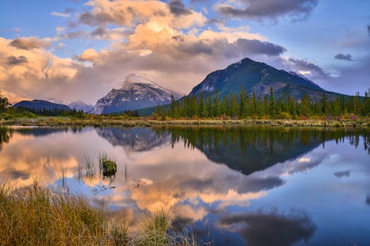 Beautiful sunrise at Vermilion Lakes with Mount Rundle reflection in Banff National Park, Canada.