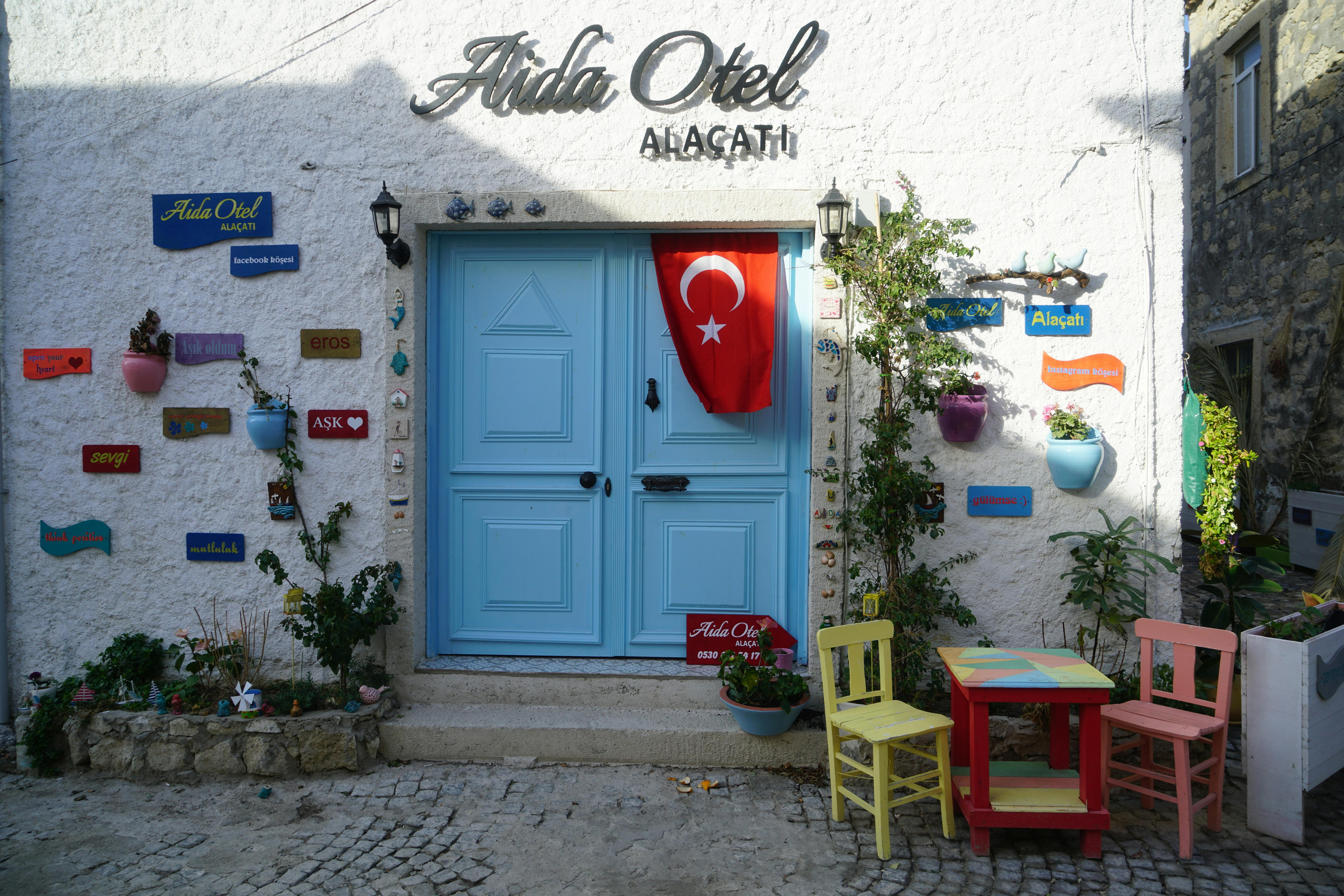 colorful aida hotel facade in alacati turkey