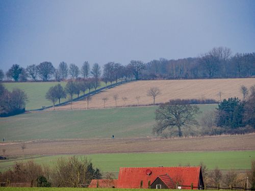 Free Scenic view of farmland with rolling hills, trees, and a red-roofed house under a clear blue sky. Stock Photo