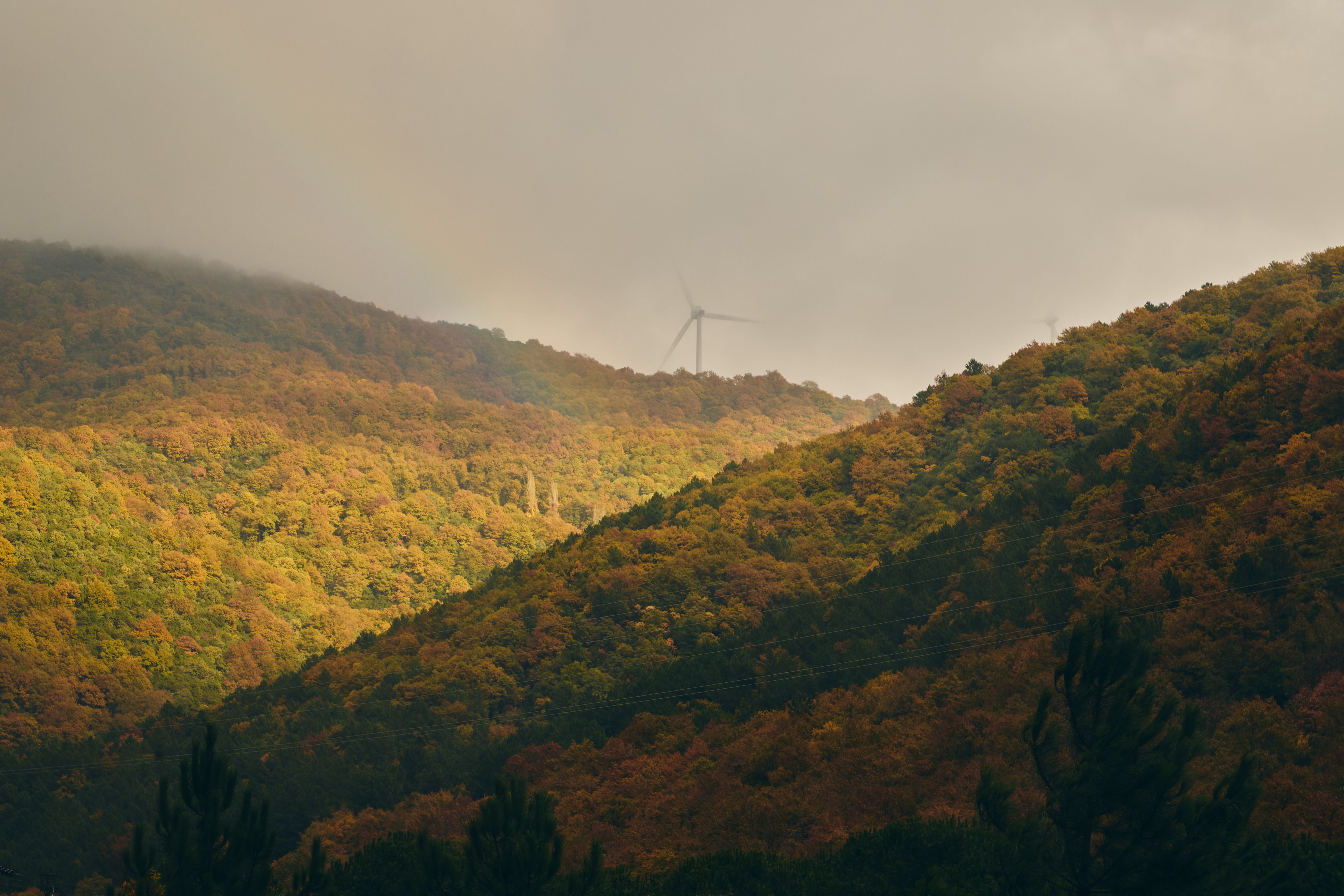 Wind Turbine Amidst Autumn Forest Hills · Free Stock Photo