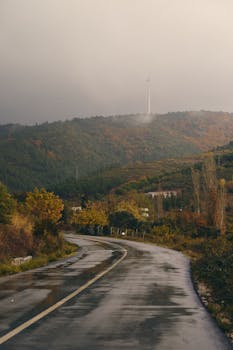 Wet winding road through autumn landscape with a windmill on a mountain in the distance.