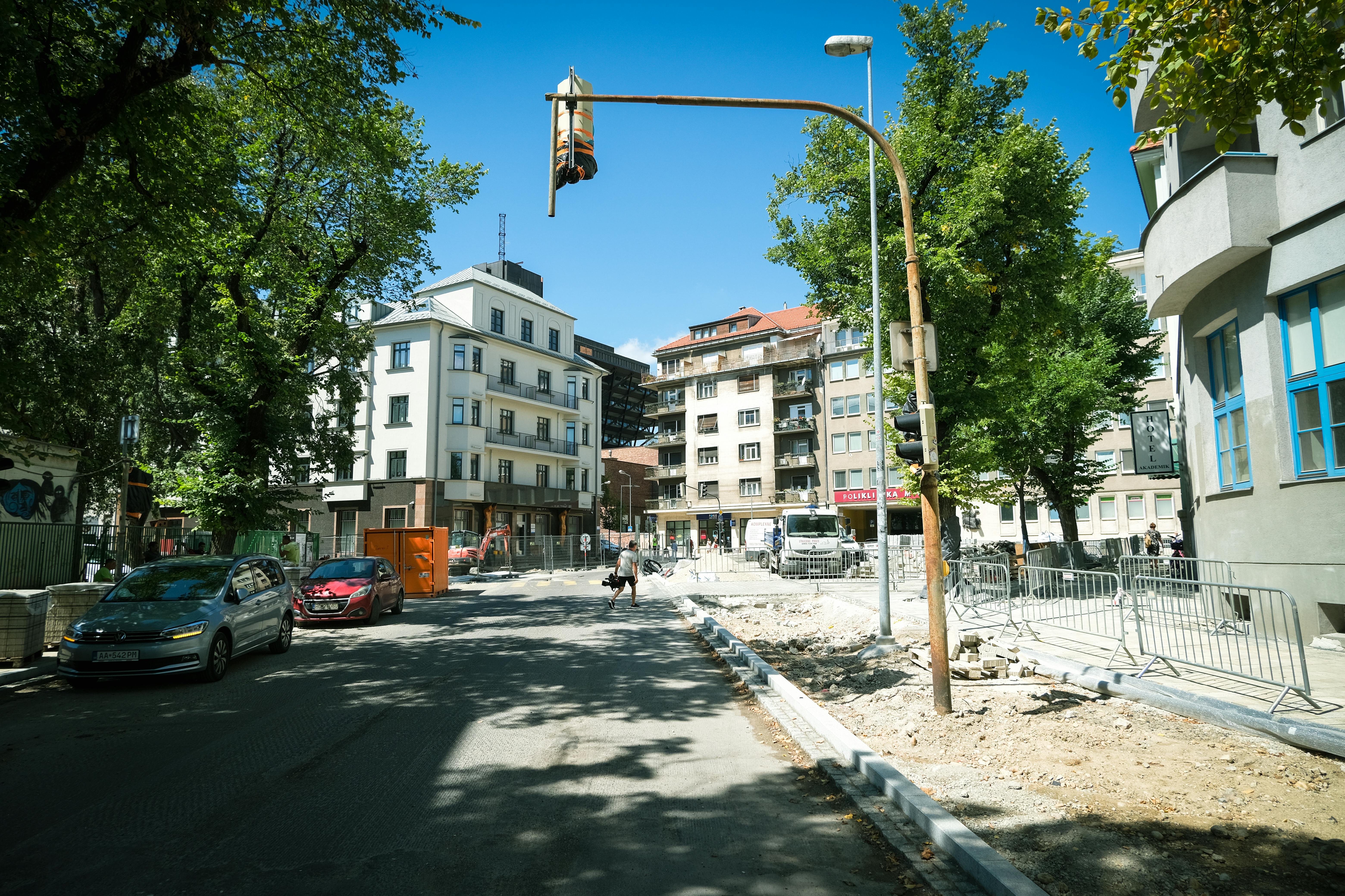 Urban street scene depicting active road construction in Bratislava city.