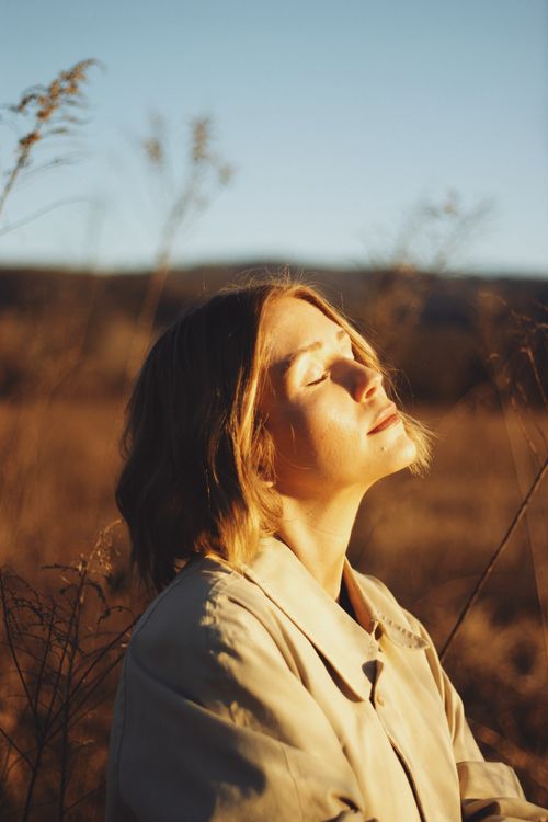 Free A serene portrait of a woman enjoying sunlight in an autumn field. Stock Photo