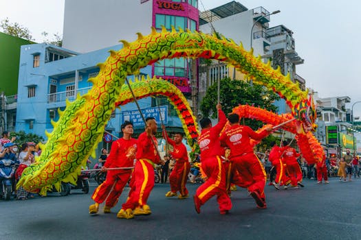 Colorful dragon dance performance in Ho Chi Minh City during festive celebrations.