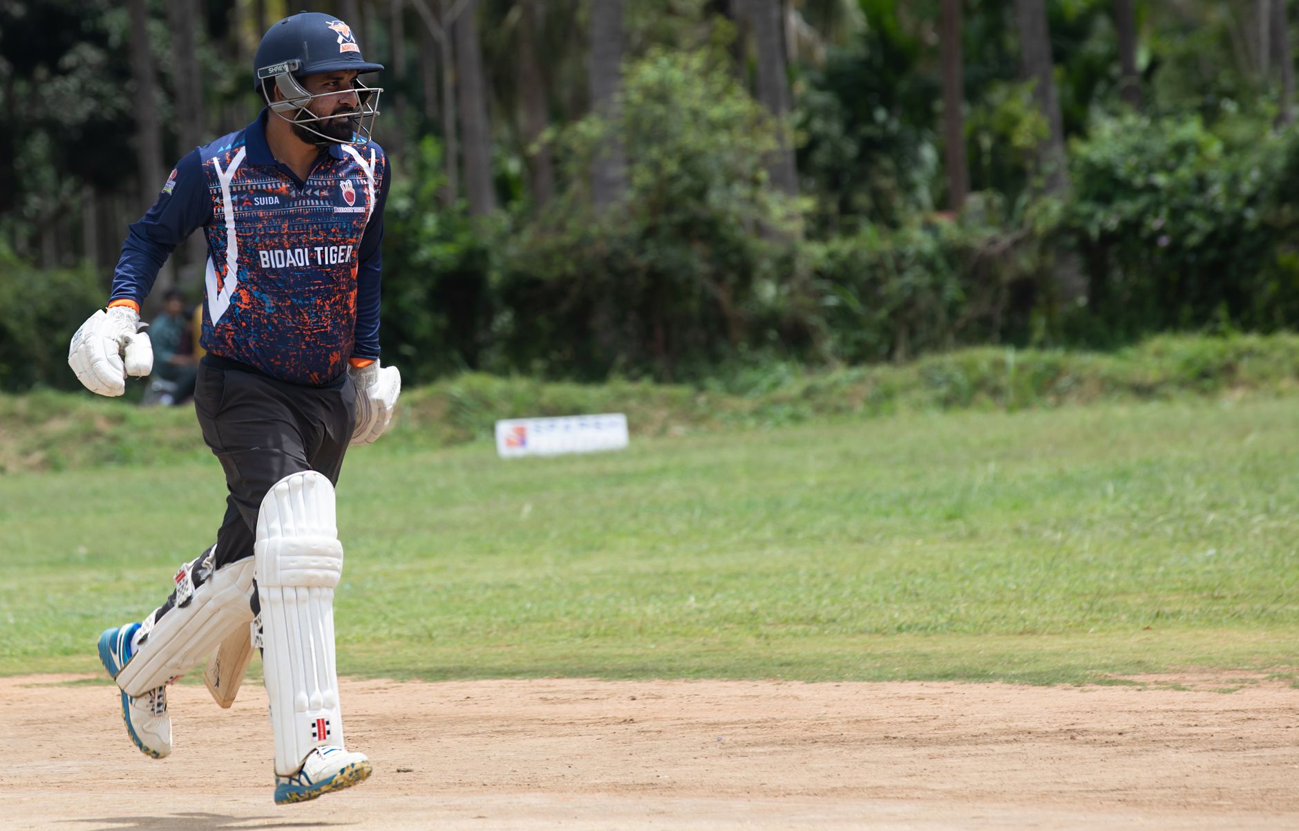 A cricketer in full gear runs across a natural grass field during a daytime match, showcasing dynamic sports action.