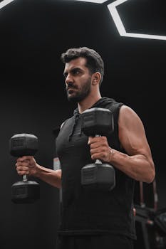 Muscular man lifting dumbbells in a dimly lit gym setting.