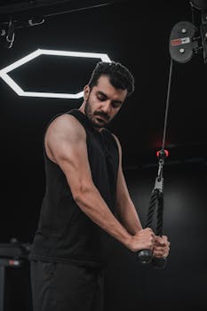 A focused adult male exercising using a cable machine in a modern gym setting.