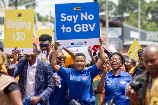 Activist rally in Harare, Zimbabwe advocating against gender-based violence.